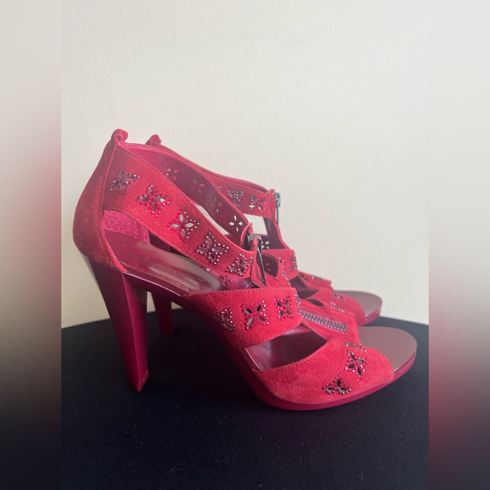 Michael Kors “Berkeley” Red Suede Front Zip Cone Heel Sandal